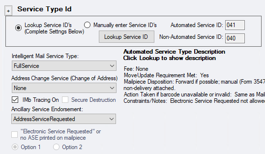 Service Type ID screen capture from AutoMail PRO software